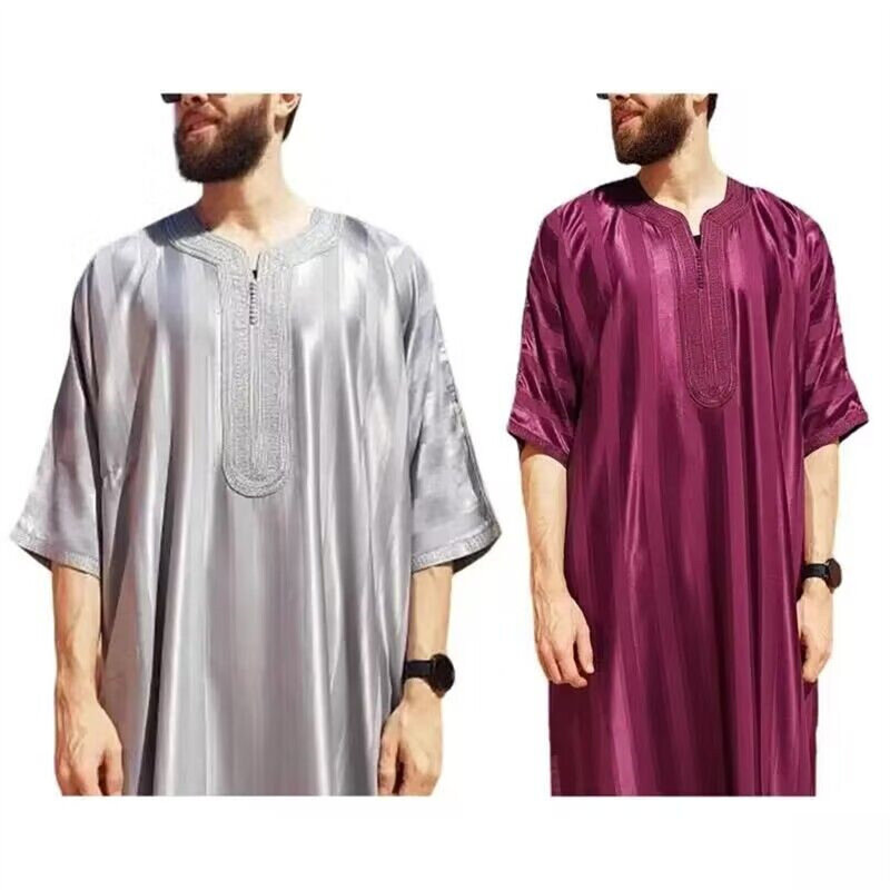 2024 New Men Arab Muslim Abaya Islamic Clothing Men's Embroidered Jubba Thobe Moroccan Dubai Kaftan Eid Prayer Long Robe Dress