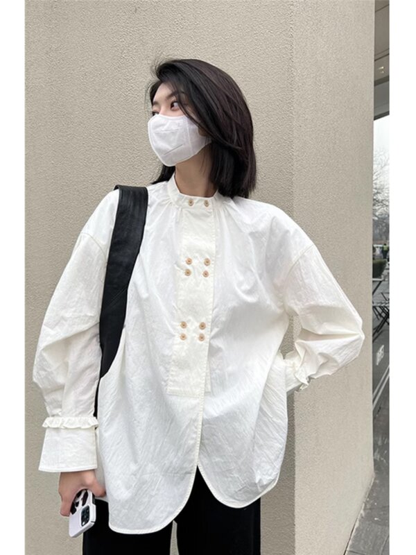 VANOVICH Chinese Style Vintage Double Breasted White Shirt Spring New Temperament Design Stand Collar Folds Loose Casual Shirt