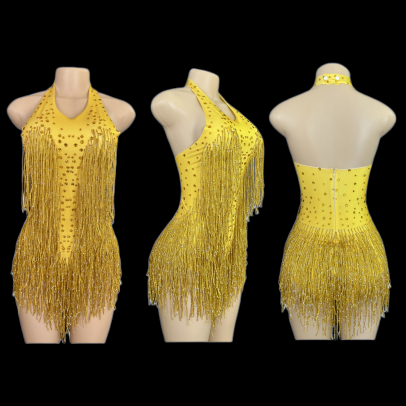 Pakaian Bodysuit pinggiran berlian imitasi berkilau kostum pesta dansa klub wanita pakaian panggung seksi rumbai Leotard pakaian performa 7G