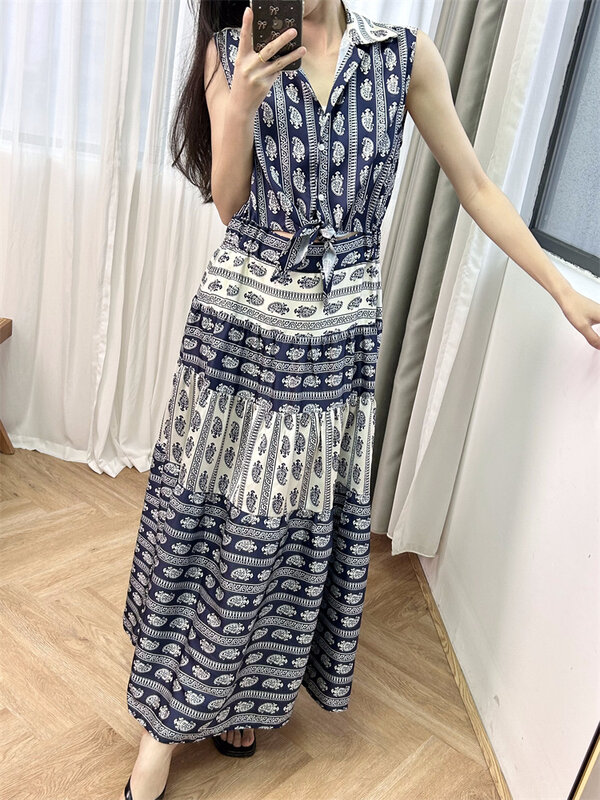Women's Retro Printed Robe Lace-up Hollow Out Turn-down Collar Sleeveless Vintage Summer 2024 Maxi Dress