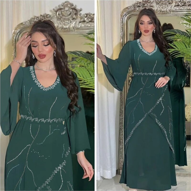 Vestido de gasa Abaya con estampado de diamantes brillantes para mujer, vestido musulmán con cinturón, cuello en V, caftán Jalabiya, moda árabe