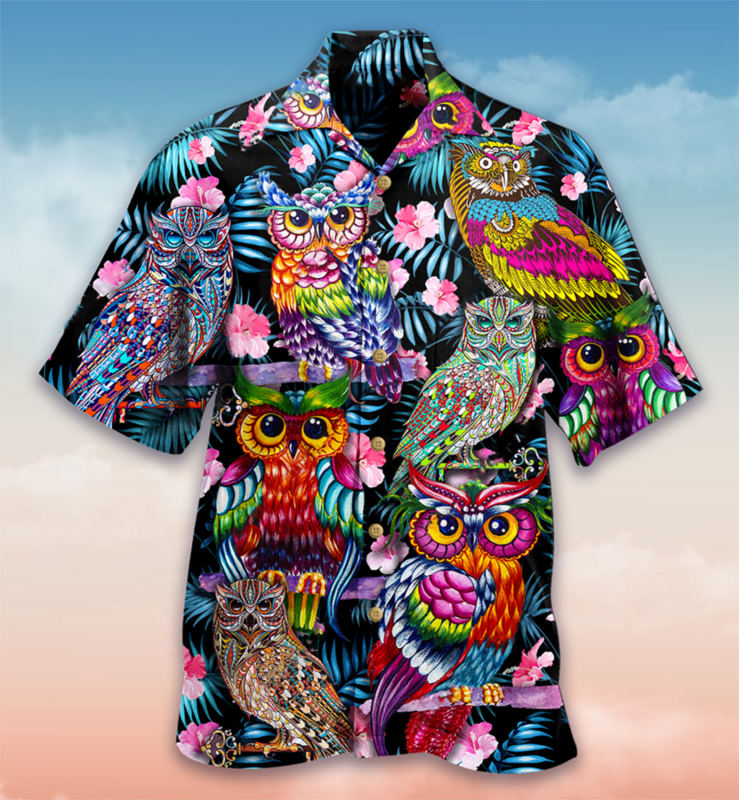 Camisas hawaianas de dardo para hombres y mujeres, blusas de gran tamaño a la moda, Camisas de solapa de vacaciones, ropa de playa, búho