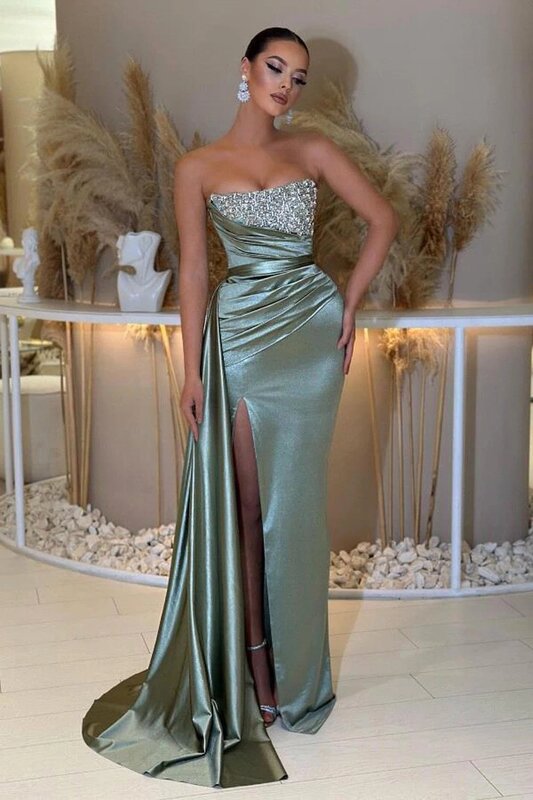 Simple Satin Prom Dress 2024 Sexy Evening Dresses Strapless High Split Backless Robes For Formal Party Sequin Vestidos De Gala