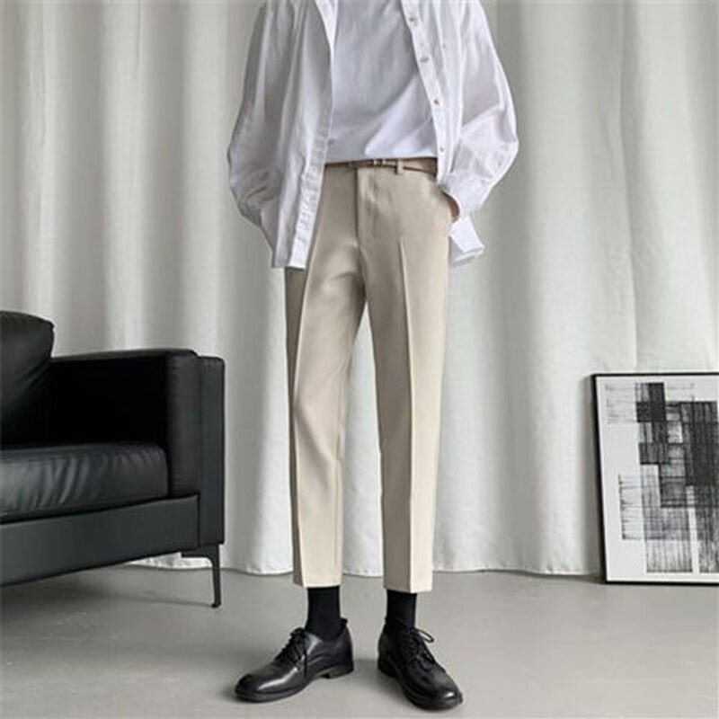 Calça casual com cilindro reta masculina, calça recortada de cor sólida, combina tudo, rua alta, coreana, sensação de flacidez, confortável, primavera