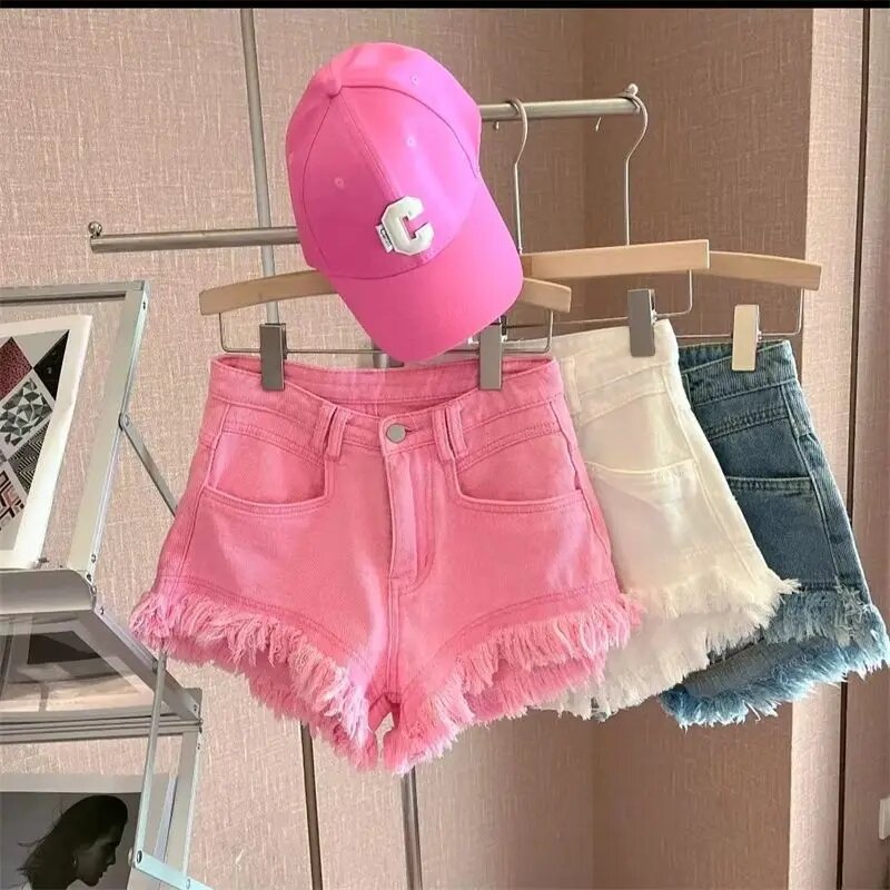 Pantalones cortos de mezclilla informales para mujer, ropa de calle con flecos, pierna ancha, color rosa, verde, 2024