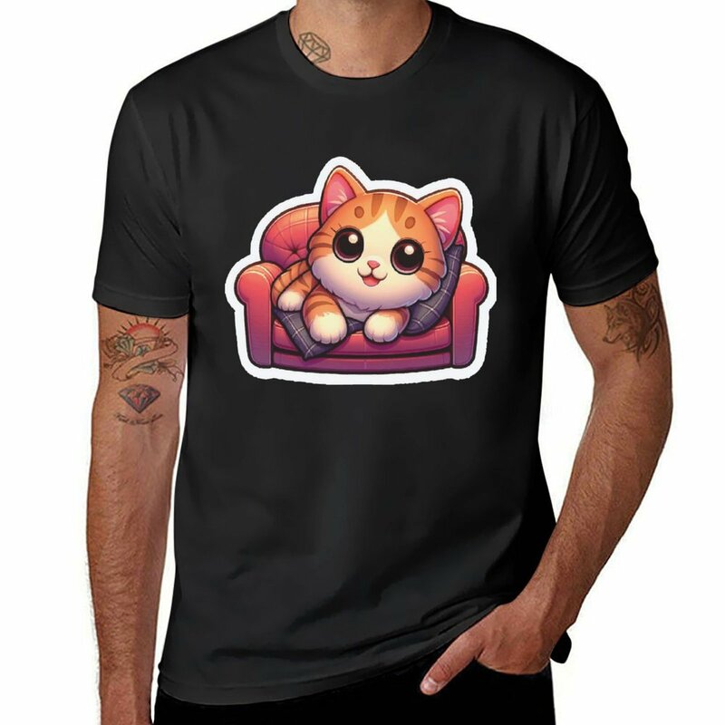 Футболка с изображением милого котенка на диване, милые топы funnys, графический дизайн на заказ, собственные футболки большого размера для мужчин