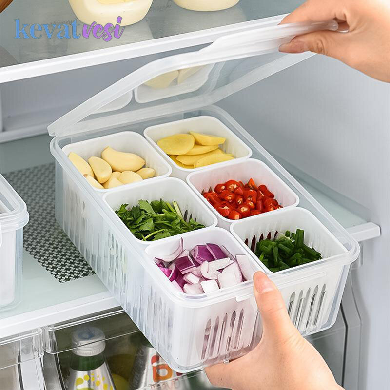 ที่จัดเก็บในตู้เย็นกล่อง4/6ตารางอาหารผักผลไม้ของตู้เย็น Organizer Keranjang Tirisan เนื้อหอมขิง Clear Crisper