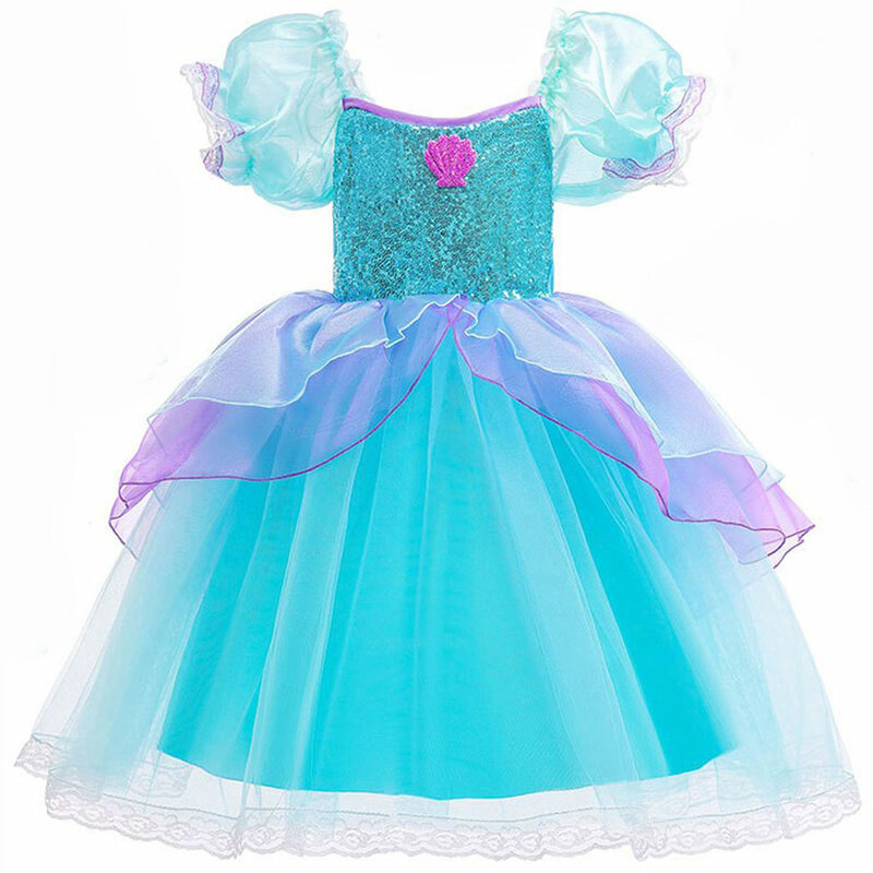 Ariel pequena sereia vestido de baile fantasia para crianças, Fantasia festa de aniversário princesa vestido, Cosplay luxuoso vestido para menina