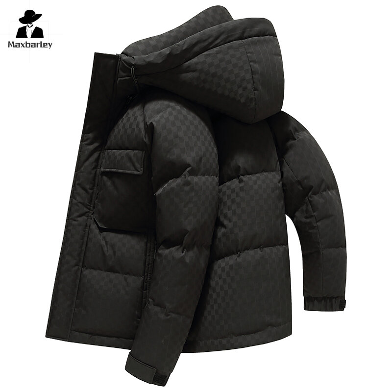 남성용 짧은 후드 다운 재킷, 따뜻한 90 화이트 덕 다운 코트, 두꺼운 격자 무늬 다운 재킷, 럭셔리 의류, 2024 겨울