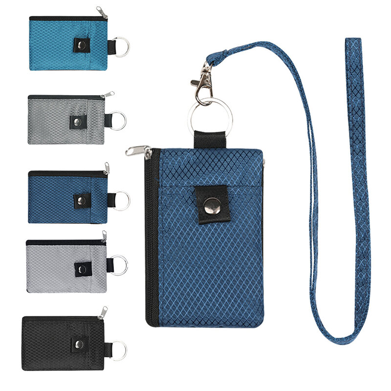 Portafoglio piccolo con blocco RFID con custodia con cerniera impermeabile per finestra ID con portachiavi con cordino per portamonete in contanti per carte