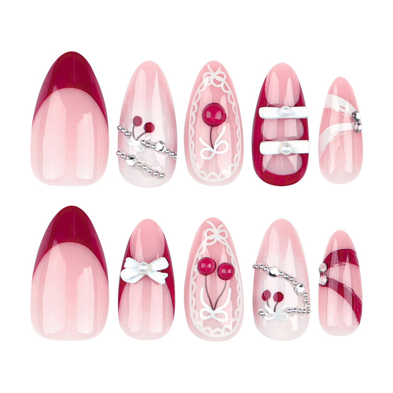 Dicas de unhas falsas para mulheres e meninas, unhas de amêndoa, prensa de balé nas unhas, estilo francês, design de cereja, wearable, 24 peças