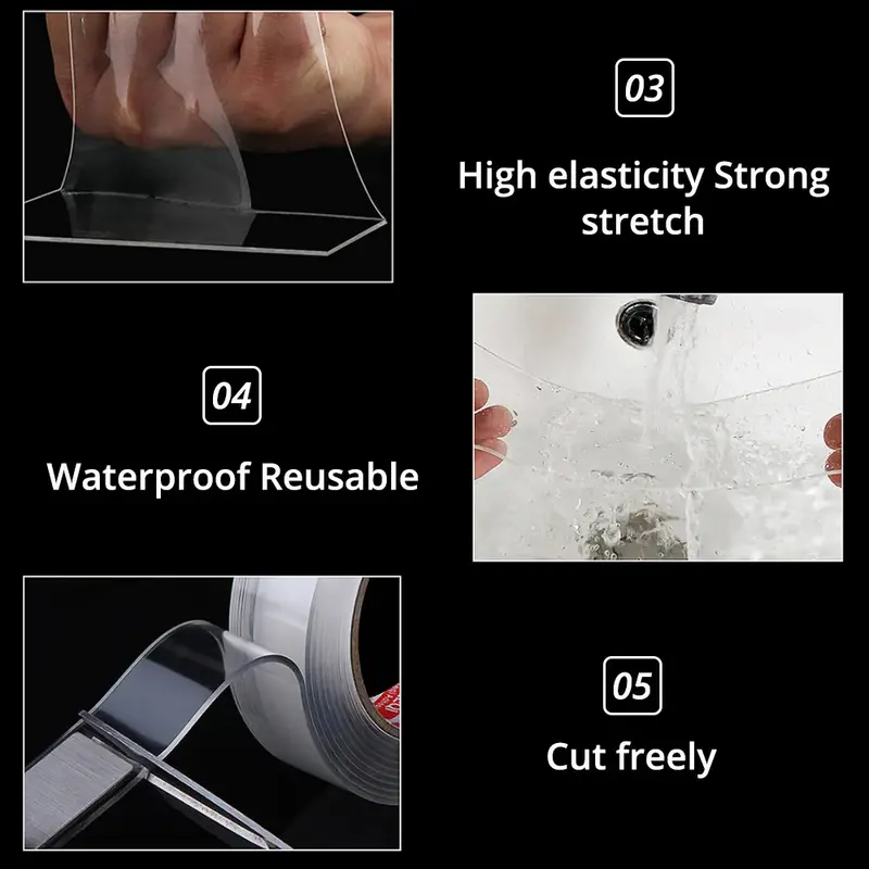 Fita dupla face transparente reutilizável nano traceless, duradoura, impermeável, resistente, adesivo térmico, limpável, carro especial, 1pc, novo
