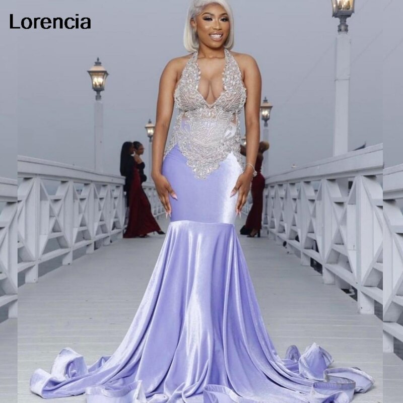 Gaun Prom putri duyung beludru lorensia Lavender untuk Gadis hitam 2024 jubah gaun pesta Formal bermanik kristal perak De Soiree YPD132