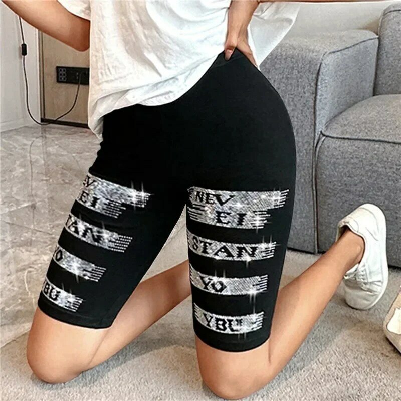 Black Stretch Rhinestone Skinny Shorts Women Leggings Pearl Letters Hot Drilling Knee-length Elastic Pants Slim Yoga Leggings