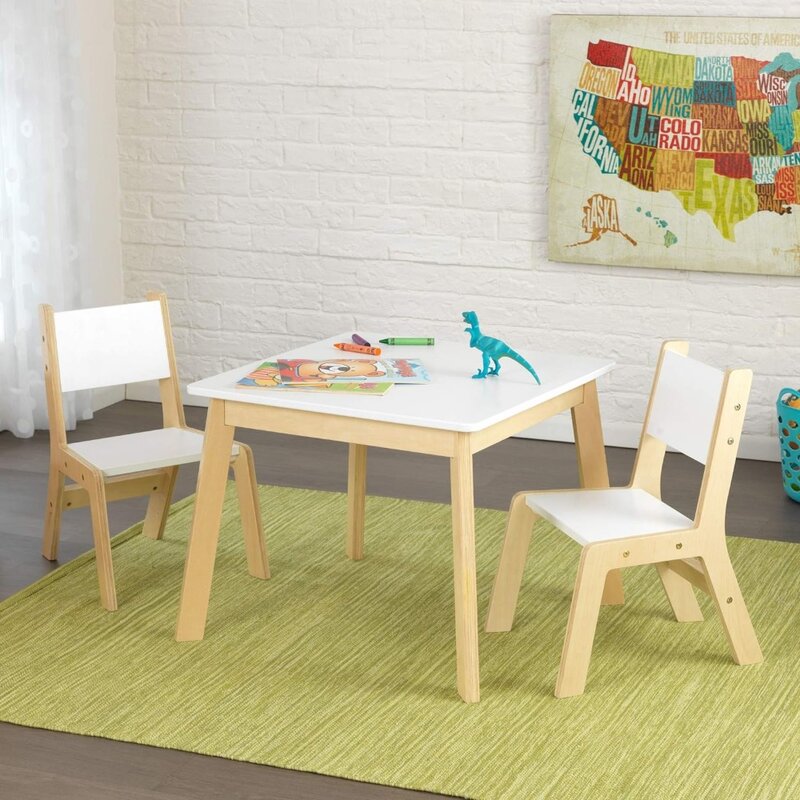 Wooden Modern Table & 2 Chair Set, Children's Furniture, White & Natural, Gift for Ages 3-8