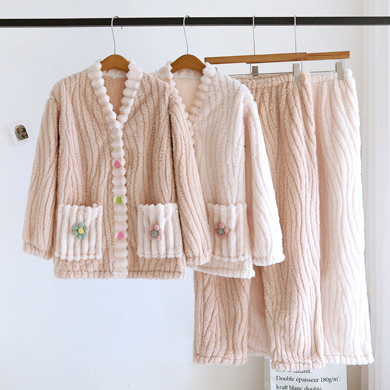 Conjunto de pijama coral quente feminino, pijama de flanela grossa versão solta pijama com decote em v, roupa para dormir, novo, outono, inverno