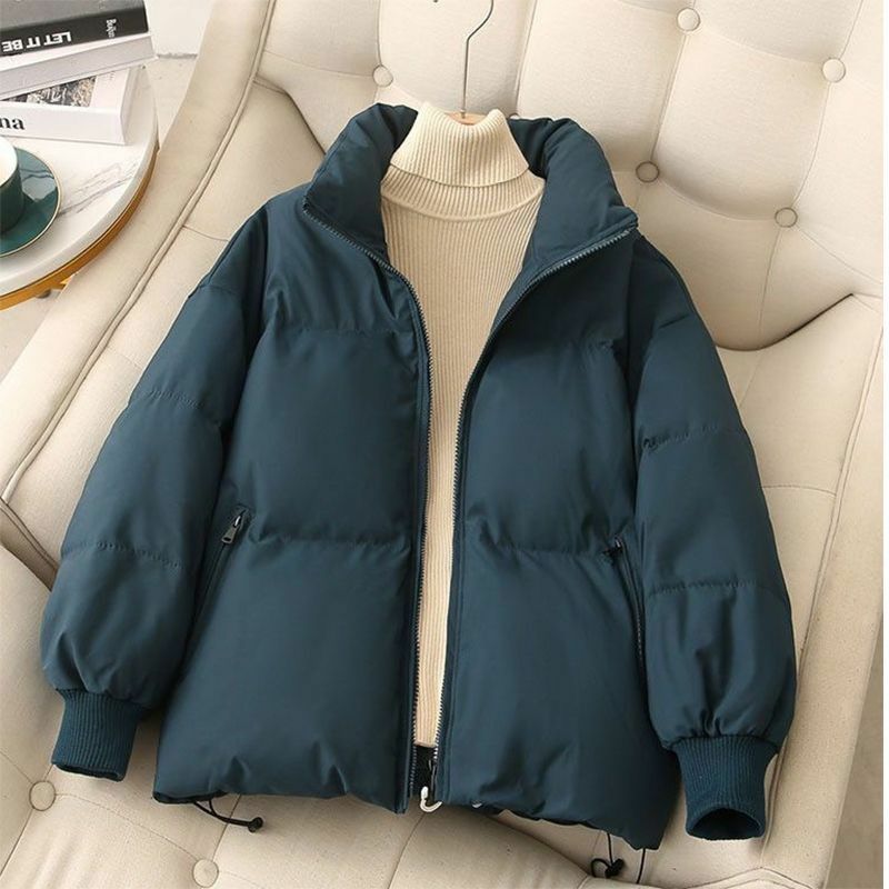 한국 짧은 여성 패딩 코튼 재킷, 라펠 드로스트링 허리 단색 따뜻한 코트, 루즈 두꺼운 웅대 레이디 아웃웨어, 겨울