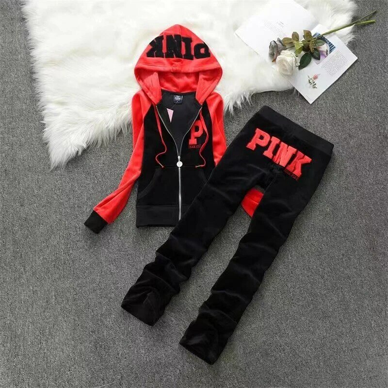 Splice Embroidery Letter PINK Women's Brand Velvet Tracksuits Hoodies and Pants Suit Two Piece Set Velour Track Suit