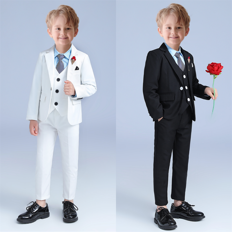 White Stylish Kids Outfit Matching Set 5-Piece Boy's Suit Set For Wedding Party Piano Performance Blazer Pants Vest Tie Brooch