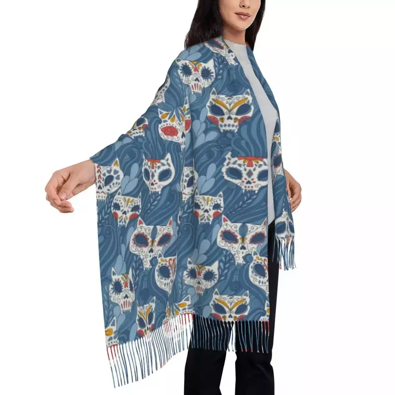 Personalized Printed Mexican Cartoon Calaveras Cat Skull With Floral Ornament Long Pile Fringe Men Scarf Women'S Anti ChillScarf