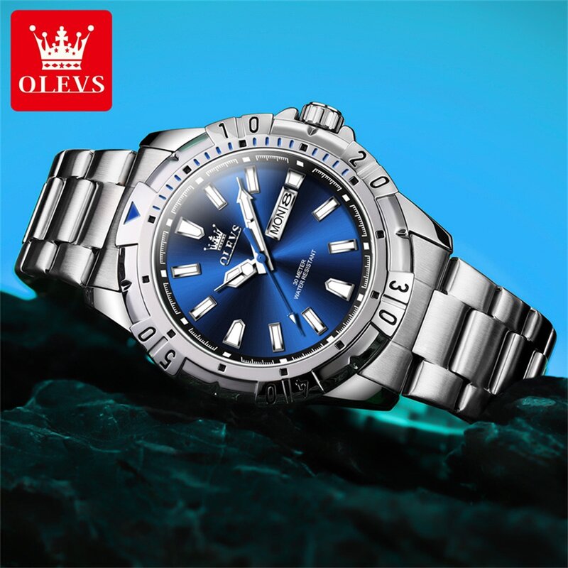 Oryginalne markowe zegarki męskie OLEVS wodoodporne podwójne zegarek kwarcowy z kalendarzem ze stalowy pasek nierdzewnej świecące luksusowe męski zegarek