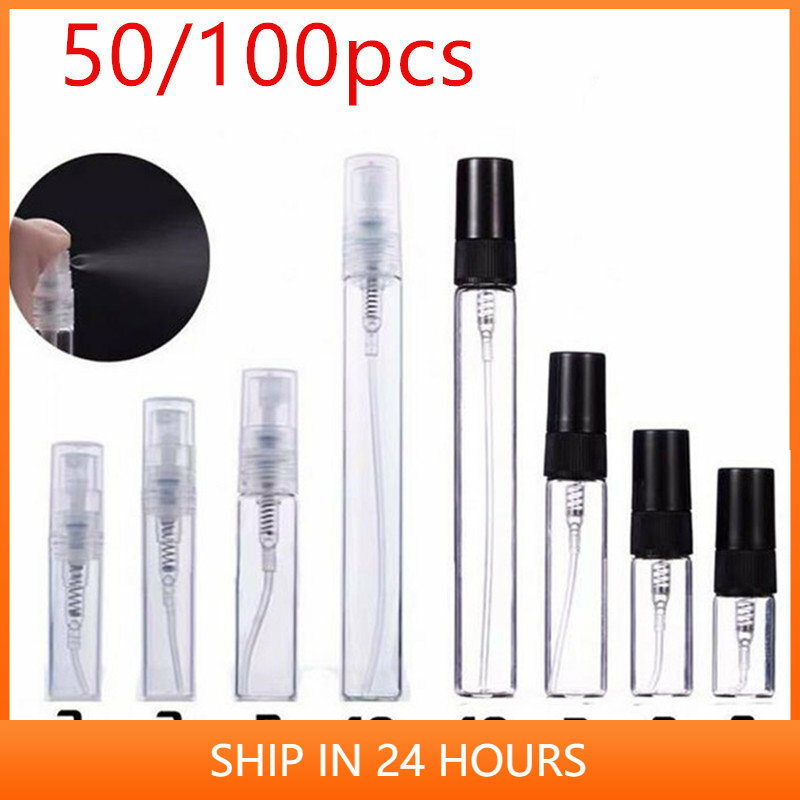 Mini botella de vidrio portátil para Perfume, frasco vacío para cosméticos, viales de vidrio fino para muestras, 50/100 piezas, 2ML, 5ML, 10ML, venta al por mayor