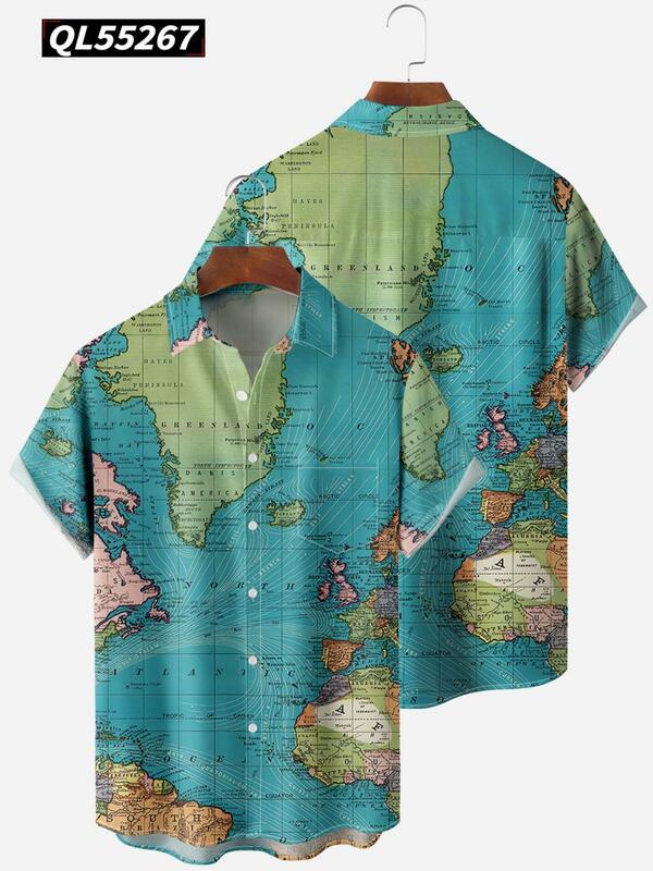 Camisa havaiana de manga curta masculina, padrão do novo mapa do mundo, tops de bolso de botão, elegante, casual, verão