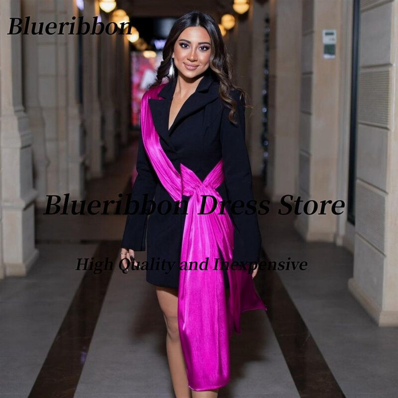 Blueribbon czarny krótki suknie balowe kontrastowy kolor frutters Robe Des sukienka koktajlowa dekolt z dekoltem w szpic długie rękawy suknie wieczorowe