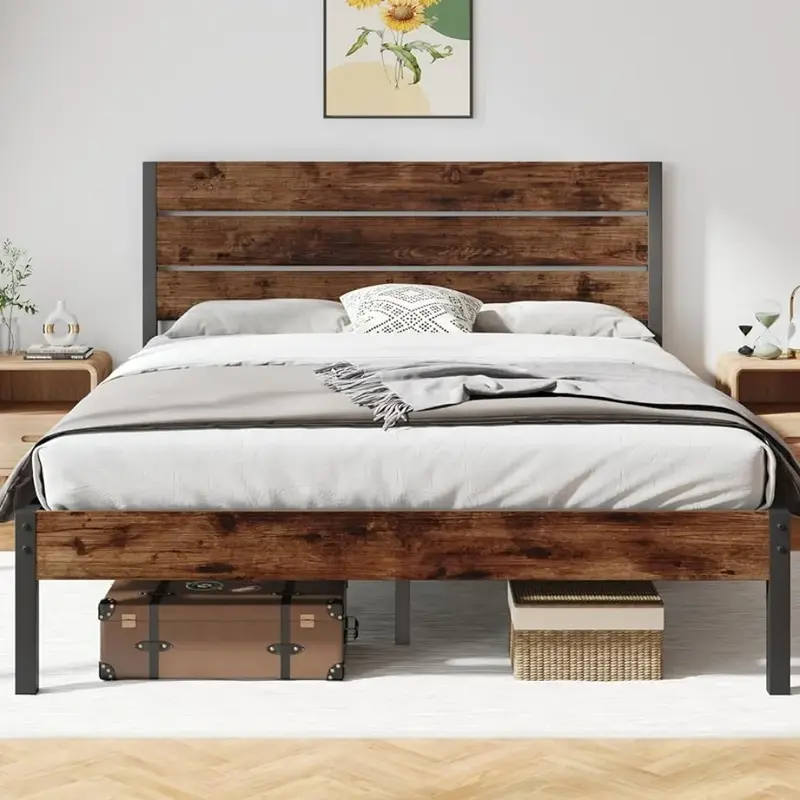 Marco de cama tamaño Queen con cabecero y reposapiés, con almacenamiento debajo de las camas, sistema de soporte totalmente de Metal, marco de cama marrón rústico