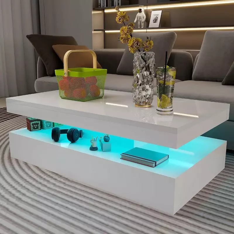 Table basse rectangulaire blanche avec télécommande, table basse moderne à haute brillance, meubles lumineux LED RVB, salon