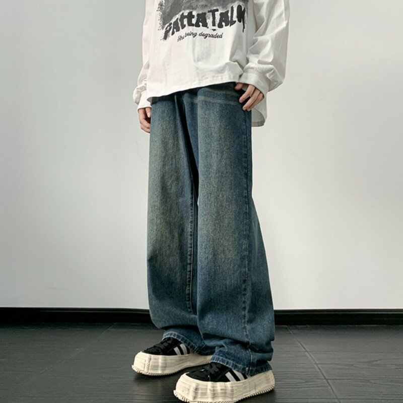Pantalones vaqueros de pierna ancha para hombre, ropa de calle holgada, recta, azul, Vintage, Harajuku, Primavera, 2024