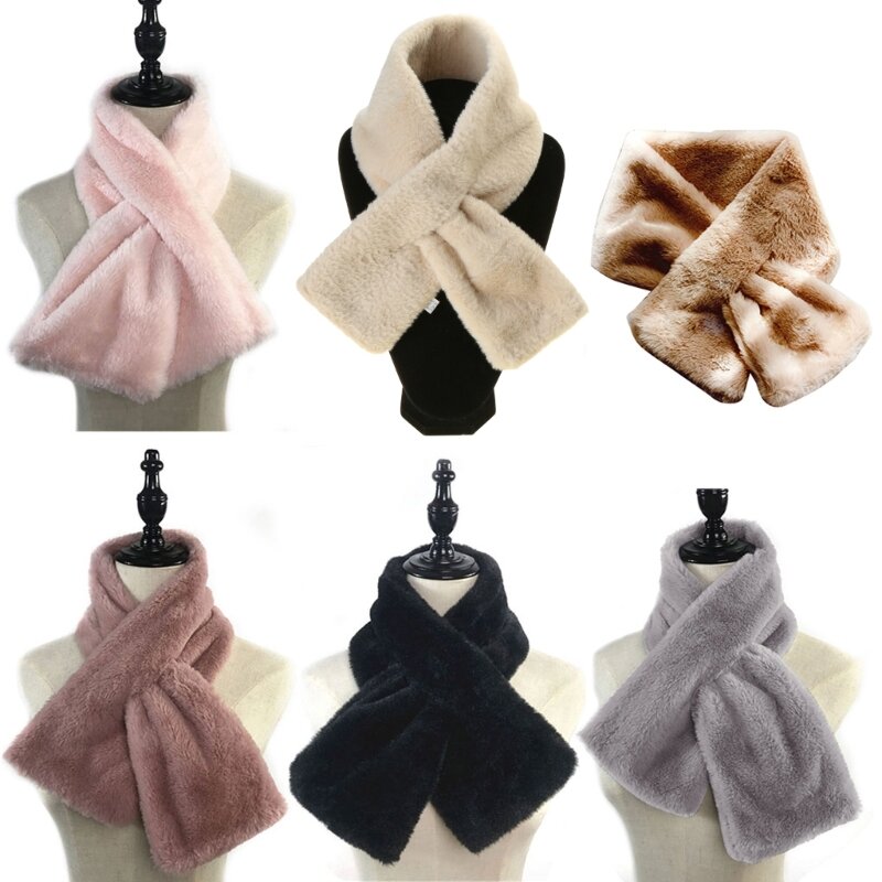 Winter dicker Kunstfell-warmer Schal, pelziger, durchziehbarer Halswärmer, Plüschkragen für überkreuzte