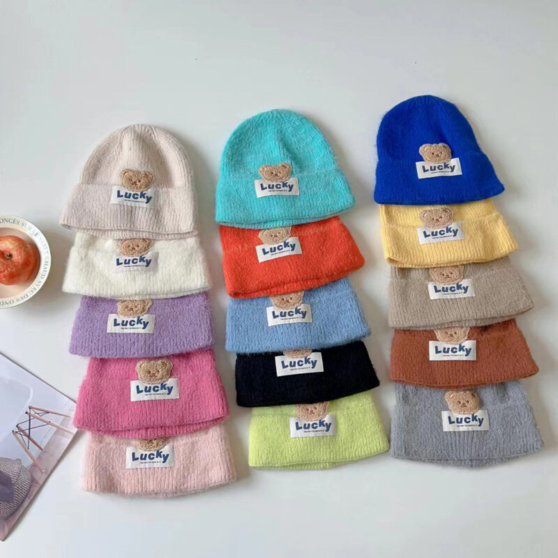 Autumn Winter Baby Beanies Lovely Cartoon Bear Pattern Knitted Hats For Kids Girls Boys Soft Warm Children Caps