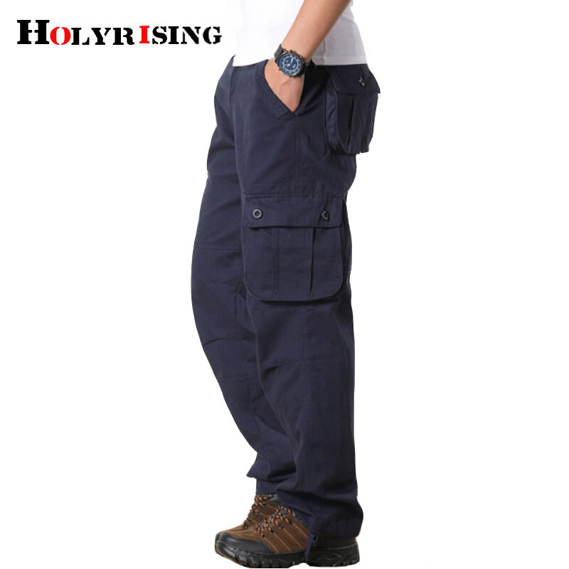 Holyrising กางเกงคาร์โก้ผู้ชายกางเกงผ้าฝ้ายลำลองหลายกระเป๋าขนาด29-44แฟชั่นทหาร18677-5
