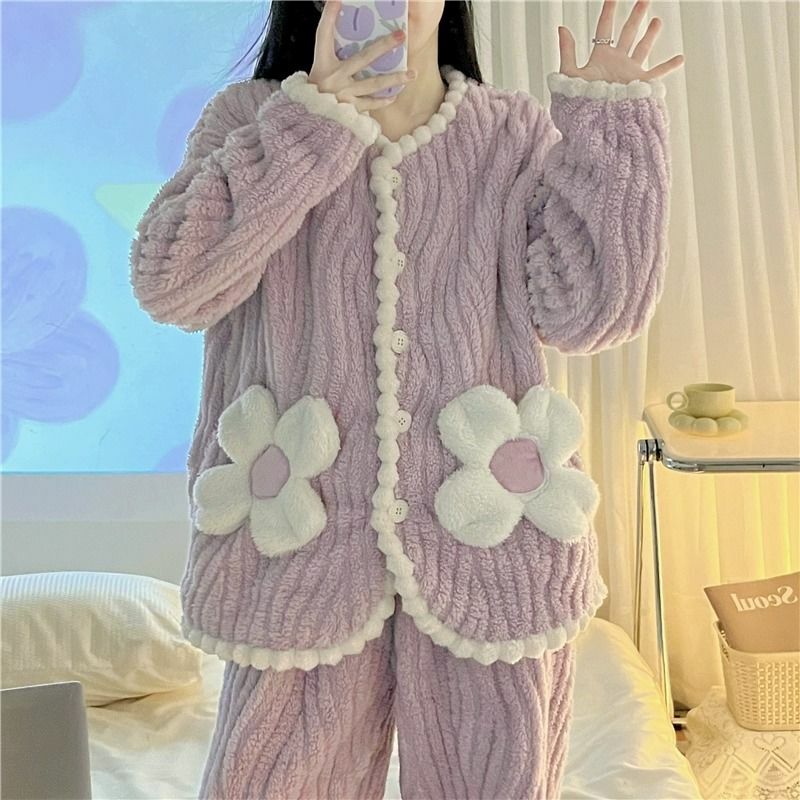 Pijama de veludo coral grosso feminino, pijamas de manga comprida, terno loungewear, roupas de flanela fofas, conjuntos 2 pcs, outono, inverno