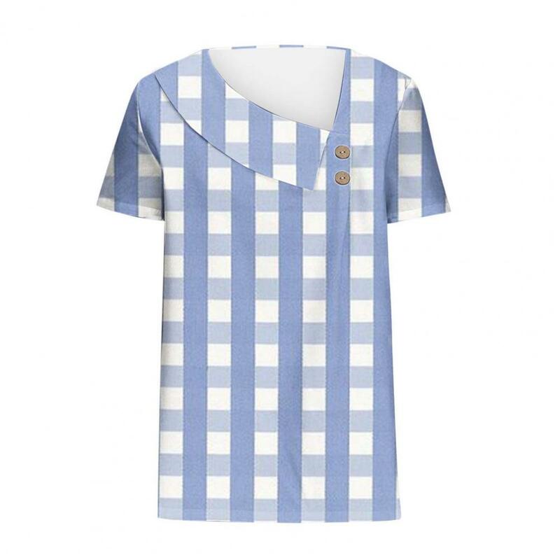 T-shirt elegante com gola skew estampada xadrez para mulheres, ajuste solto, manga curta, pulôver com decoração de botões, tops streetwear
