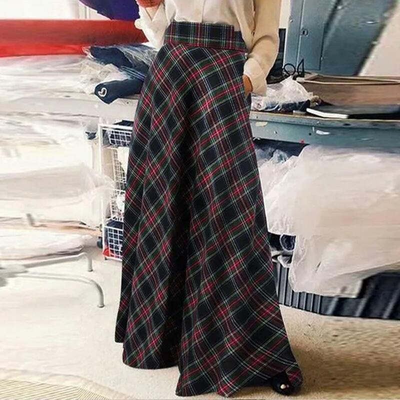 High-waisted Skirt Plaid Print High Waist Maxi Skirt for Women Oversized A-line Check Skirt with Hem Casual Spring Floor Length