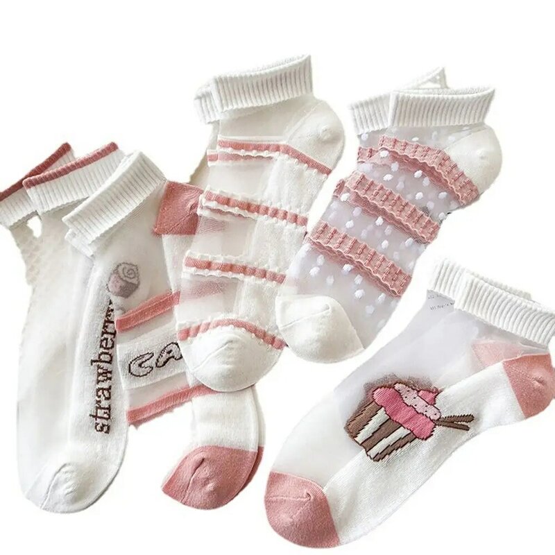 Calcetines cortos de seda de cristal con bordado de flores, medias de boca poco profunda, calcetines de primavera, pantuflas, pastel rosa