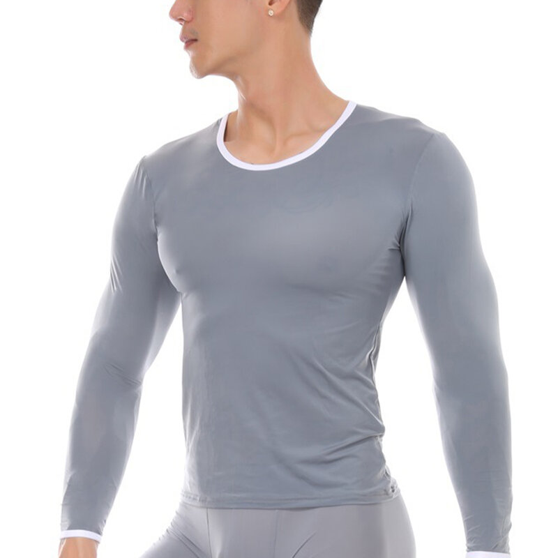 Tops de roupa interior térmica sexy masculina, camiseta longa com gola redonda, camisa macia com fundo fino, roupa interior respirável apertada fina, pijama de outono