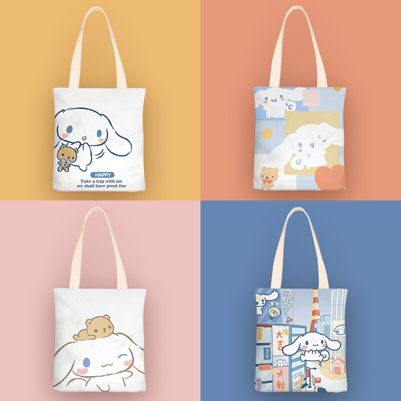 Sanrio Мультяшные сумки через плечо с внутренним карманом на молнии, водонепроницаемая Холщовая Сумка для девочек с аниме-принтом Cinnamoroll, сумка для покупок