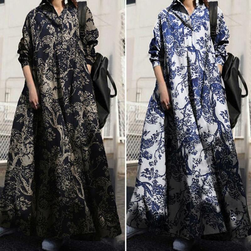 Retro Women Accessory Long Sleeve Floral Print Long Dress Women Accessory