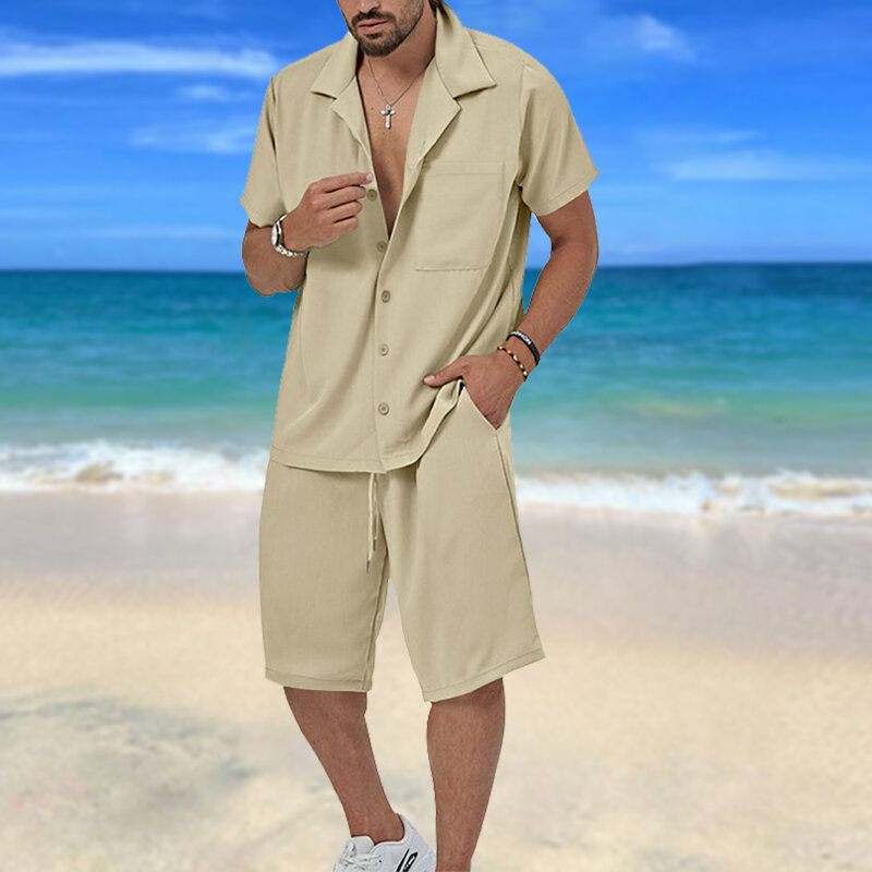 Pakaian pria 2 potong, kemeja lengan pendek berkancing Lapel kasual dan celana pendek serut untuk musim panas, pakaian pria untuk Lei harian