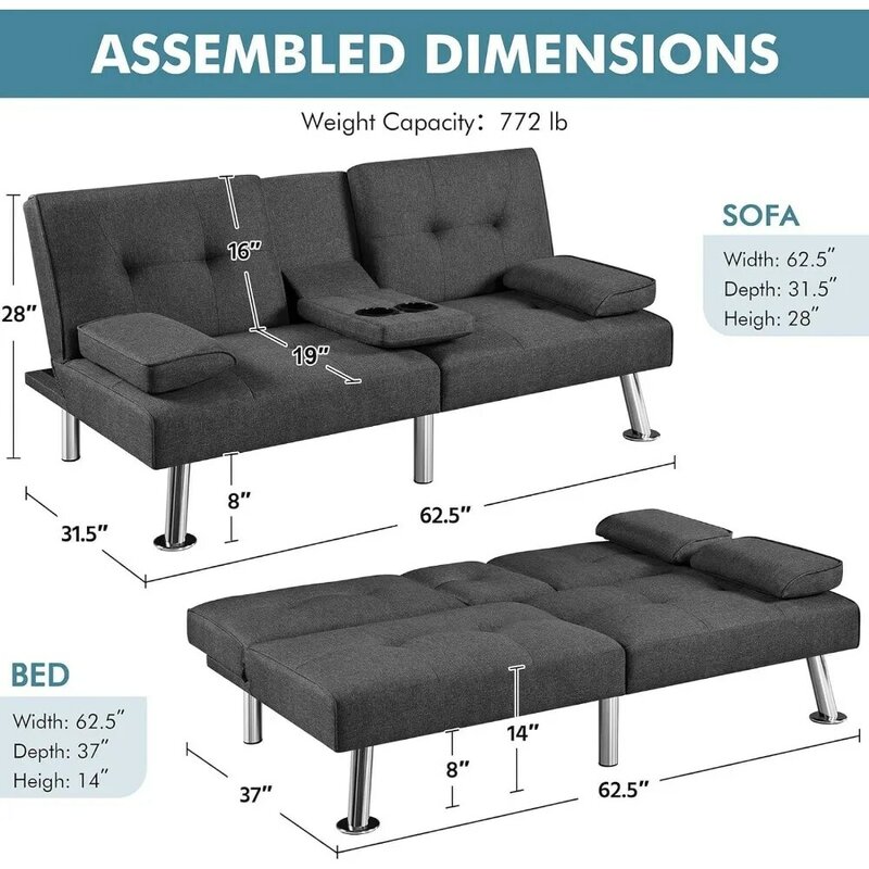 Daybed reversível moderno com braços removíveis, reclinável moderno, Daybed Folding Bed, porta-copos, 3 ângulos, 772lb capacidade, cinza escuro