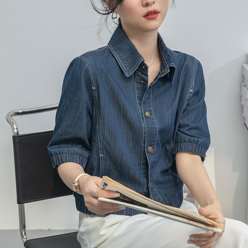 Camisa vaquera informal para mujer, Tops holgados de media manga con cuello vuelto, estilo coreano, novedad de verano, W1758, 2024