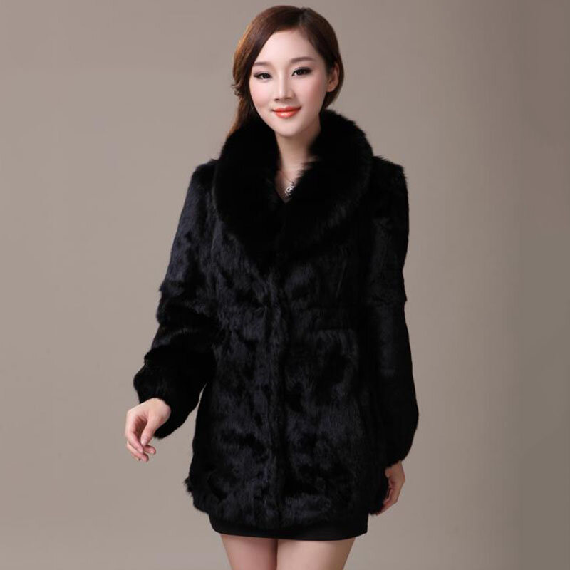 Grosso casaco de pele de coelho real de luxo com gola de pele de raposa quente inverno feminino casual fino jaqueta de pele genuína