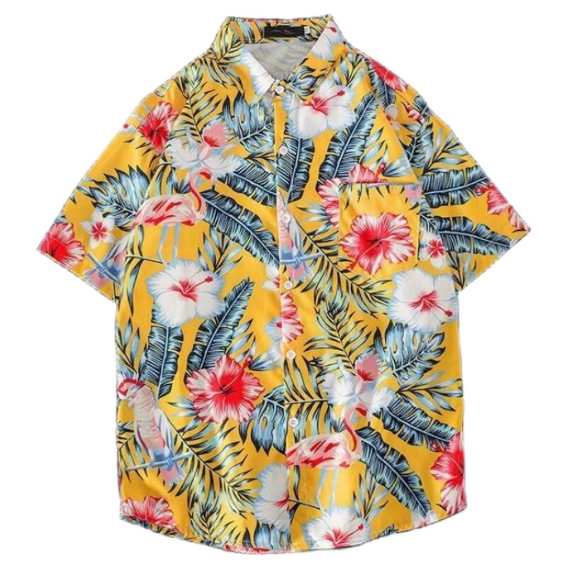 남성용 라펠 반팔 꽃무늬 셔츠, 멋진 캐주얼 루즈 피팅, 다목적 하와이 프린트 비치 셔츠, 여름 패션