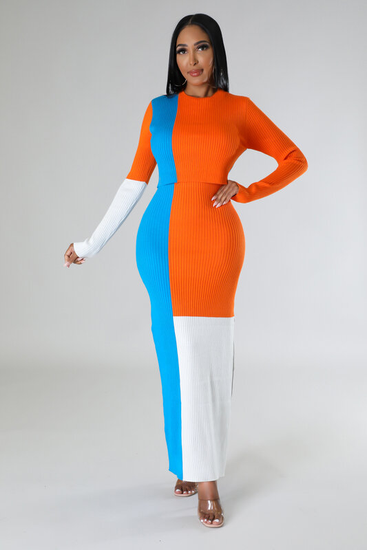 Модная одежда SKMY Y2k контрастных цветов, Топ с длинным рукавом и круглым вырезом и юбка, вязаные комплекты из 2 предметов, женская одежда