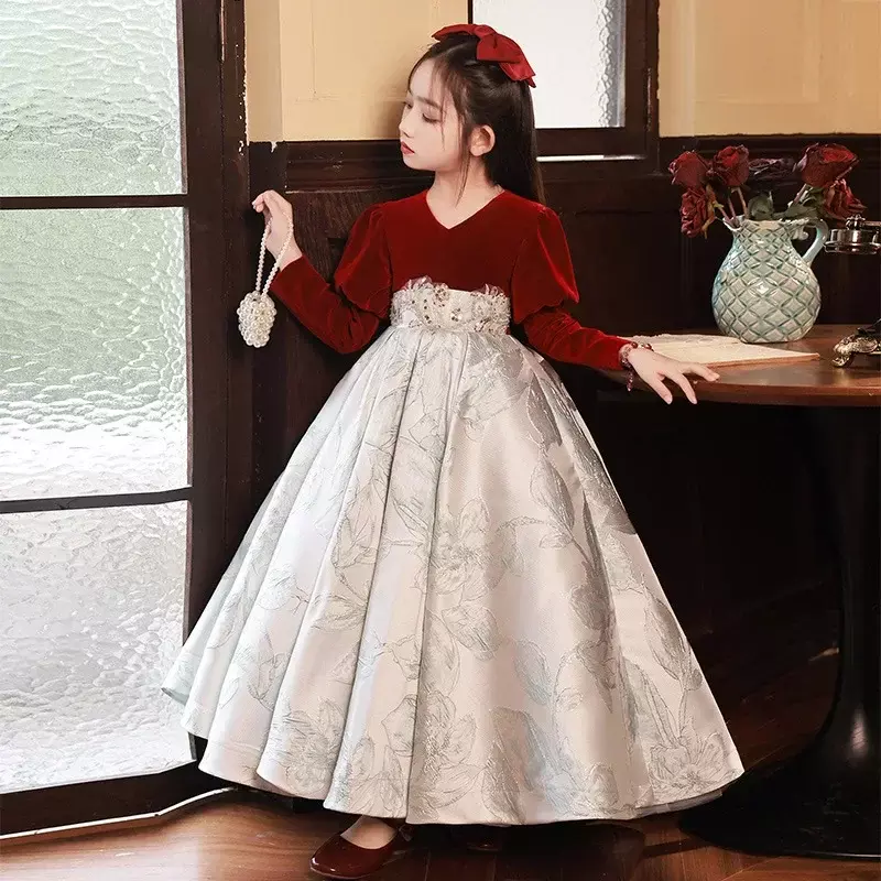 Girls' Piano Performance 2024 Spring New Walk Show Long sleeved Red Escape Princess Series Children's Dress