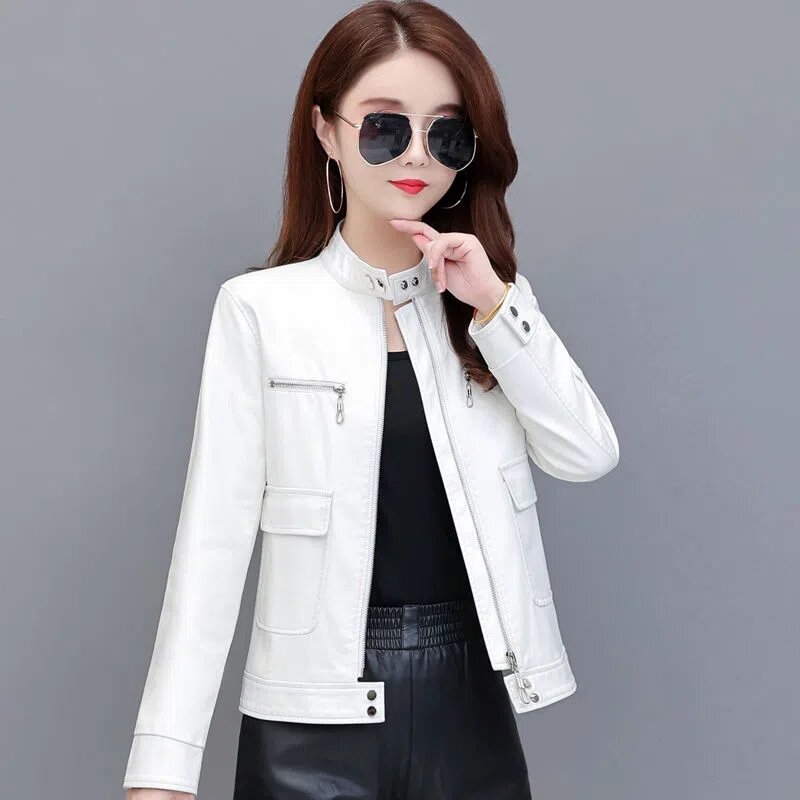 Nowa biała skórzana kurtka damska płaszcz 2023 jesień moda damska odzież skóra motocyklowa damska odważna, krótka topy na wierzch