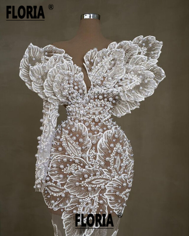 Elegancka syrenka dubajska formalne suknie wieczorowe perły koraliki aplikacje 3D koronki kości słoniowej suknie na przyjęcia weselne sukienka na studniówkę szata na wieczór
